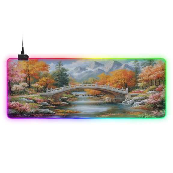 Large RGB Gaming Mouse Pad Led Glowing Mousepad Non-Slip Rubber Base 13 Light Modes 35.4x15.7 Bridge on Forests