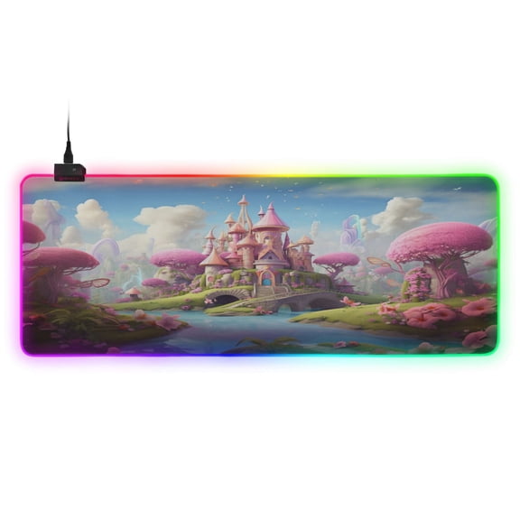 Large RGB Gaming Mouse Pad Led Glowing Mousepad Non-Slip Rubber Base 13 Light Modes 35.4x15.7 Castle Tree River Cloud