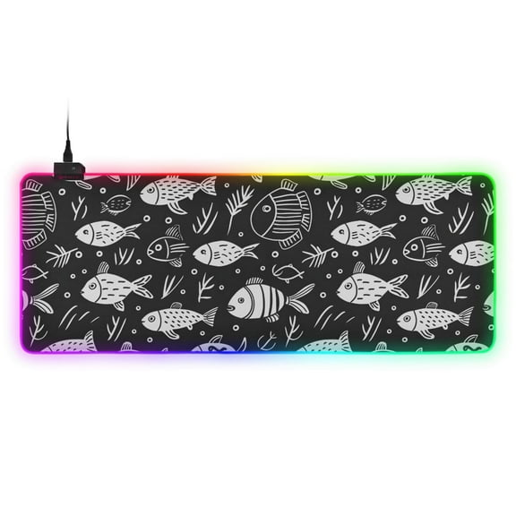 Large RGB Gaming Mouse Pad Led Glowing Mousepad Non-Slip Rubber Base 13 Light Modes 35.4x15.7 Cute Doodle Fishes