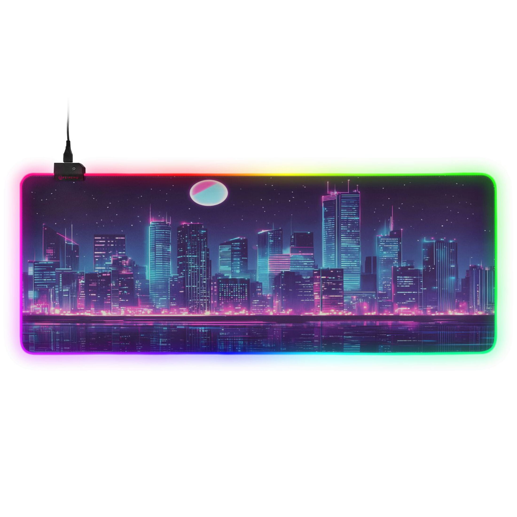 Large RGB Gaming Mouse Pad Led Glowing Mousepad Non-Slip Rubber Base 13 Light Modes 35.4x15.7 Cyberpunk City at Night
