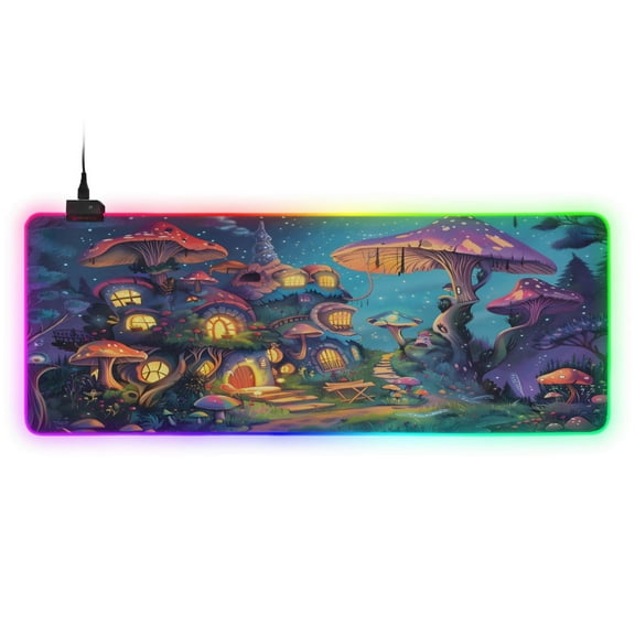 Large RGB Gaming Mouse Pad Led Glowing Mousepad Non-Slip Rubber Base 13 Light Modes 35.4x15.7 Forest Mushroom Houses