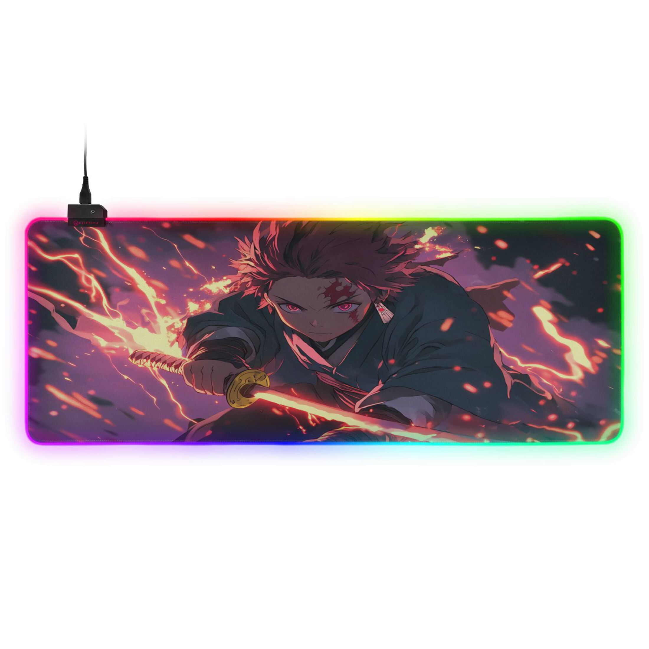 Large RGB Gaming Mouse Pad Led Glowing Mousepad Non-Slip Rubber Base 13 Light Modes 35.4x15.7 Kamado Tanjirou Waving Sword