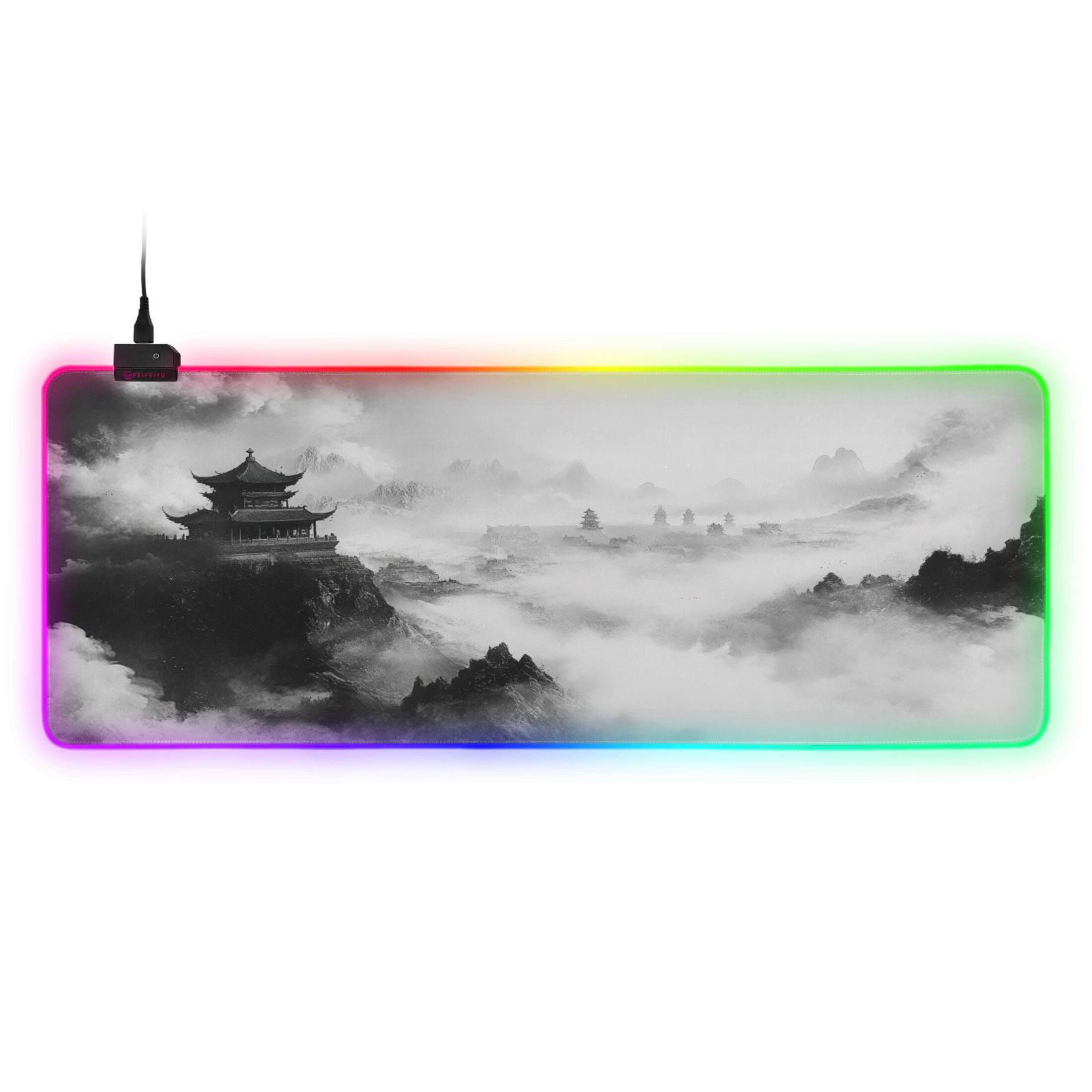 Large RGB Gaming Mouse Pad Led Glowing Mousepad Non-Slip Rubber Base 13 Light Modes 35.4x15.7 Traditional Chinese Ink Landscape