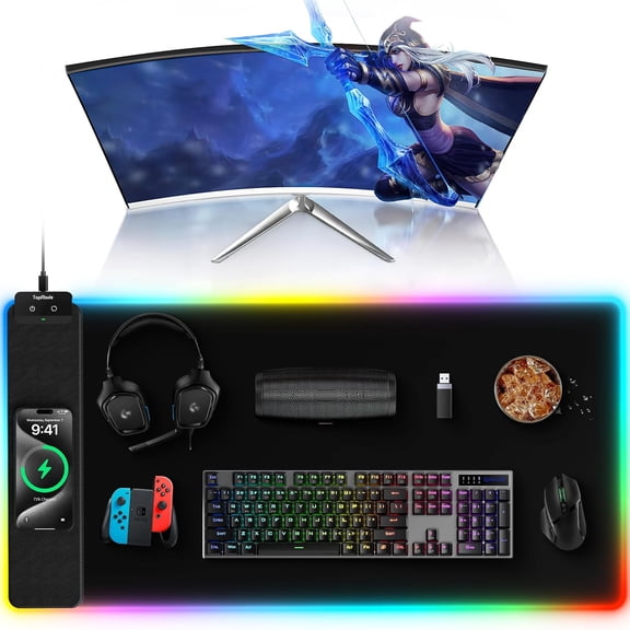 Large RGB Gaming Mouse Pad with Wireless Charging, 31.5 x 15.75 Inches, Ultra-Smooth Surface and Non-Slip Base