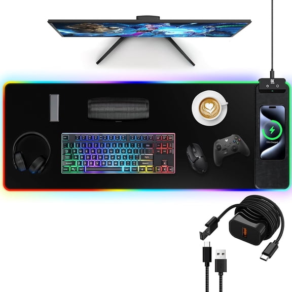 Large RGB Gaming Mouse Pad with Wireless Charging, Ultra-Smooth Surface, Non-Slip Rubber Base, and Waterproof Full Desk Design