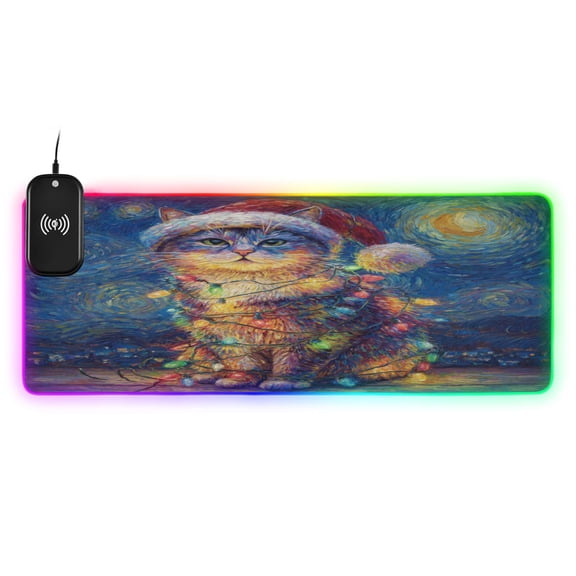Large RGB Wireless Charging Mouse Pad A Cat with Colorful Lights14 LED Modes Non-Slip Gaming Mat for Desktop Laptop Office Home