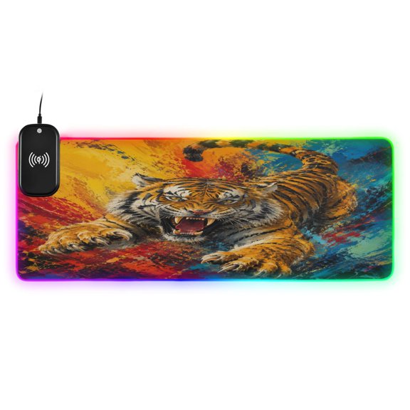 Large RGB Wireless Charging Mouse Pad Abstract Roaring Tiger Graphic14 LED Modes Non-Slip Gaming Mat for Desktop Laptop Office Home