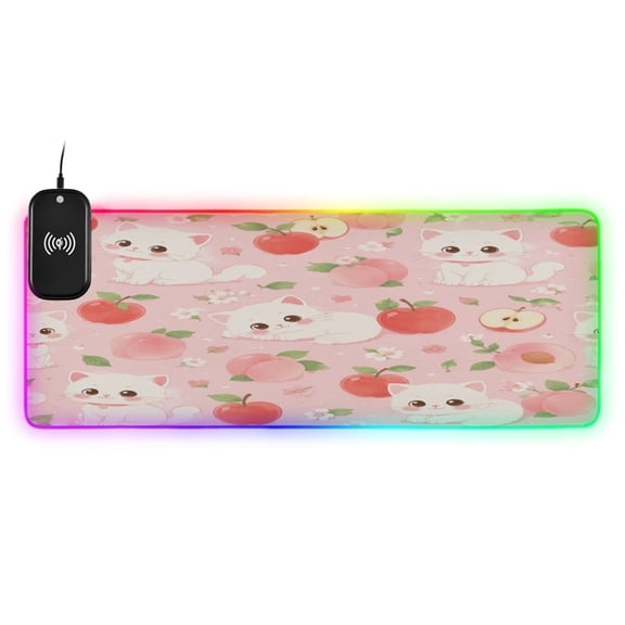 Large RGB Wireless Charging Mouse Pad Apple Peach Kitten Garden14 LED Modes Non-Slip Gaming Mat for Desktop Laptop Office Home