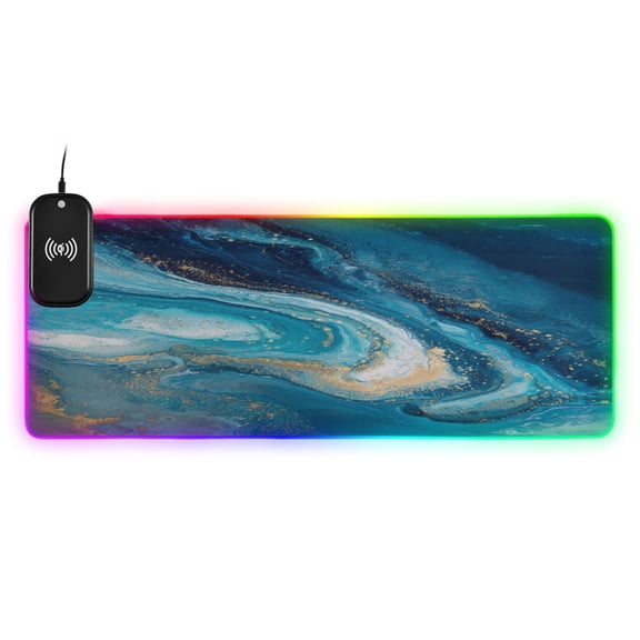 Large RGB Wireless Charging Mouse Pad Aqua Gilded Waves14 LED Modes Non-Slip Gaming Mat for Desktop Laptop Office Home