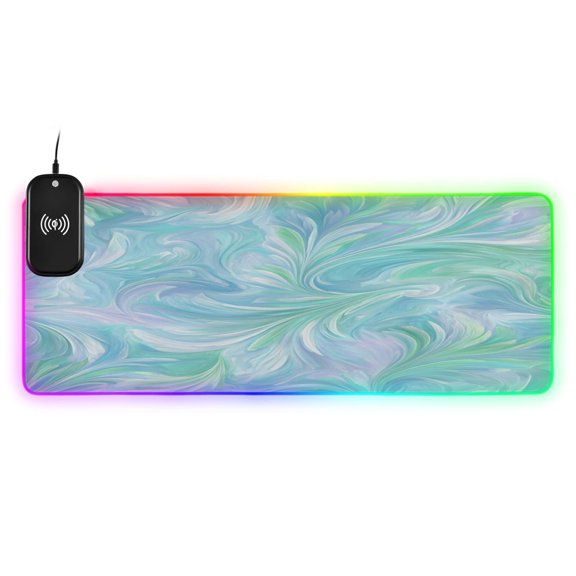 Large RGB Wireless Charging Mouse Pad Aqua Swirl Feather Design14 LED Modes Non-Slip Gaming Mat for Desktop Laptop Office Home
