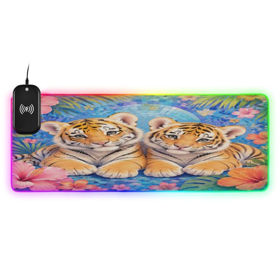 Large RGB Wireless Charging Mouse Pad Baby Tiger Tropical Graphic14 LED Modes Non-Slip Gaming Mat for Desktop Laptop Office Home