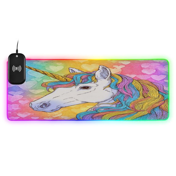 Large RGB Wireless Charging Mouse Pad Beautiful Unicorn with A Rainbow14 LED Modes Non-Slip Gaming Mat for Desktop Laptop Office Home
