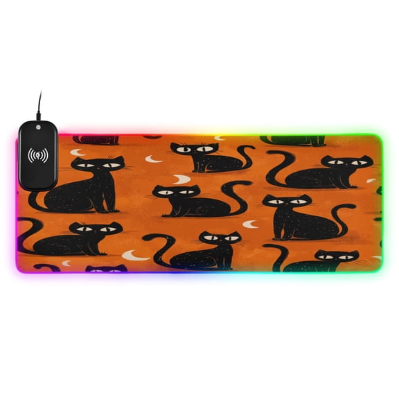 Large RGB Wireless Charging Mouse Pad Black Cat with Moon Design14 LED Modes Non-Slip Gaming Mat for Desktop Laptop Office Home