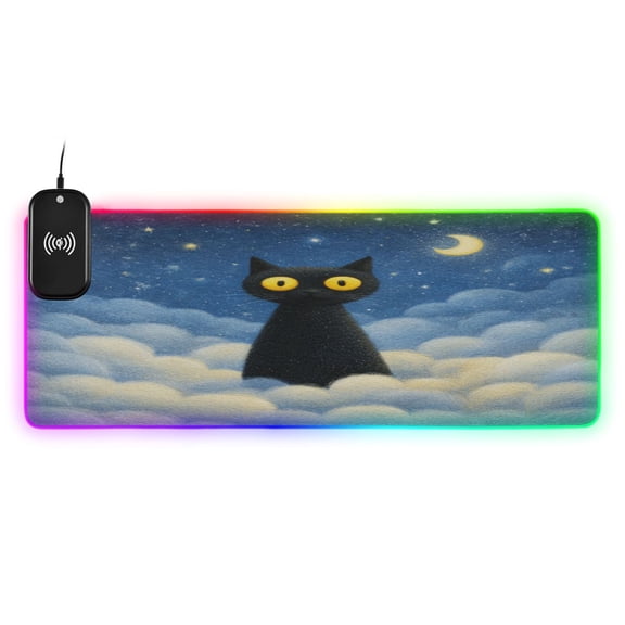 Large RGB Wireless Charging Mouse Pad Black Cat with Yellow Eyes14 LED Modes Non-Slip Gaming Mat for Desktop Laptop Office Home