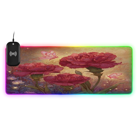 Large RGB Wireless Charging Mouse Pad Blooming Red Carnations14 LED Modes Non-Slip Gaming Mat for Desktop Laptop Office Home