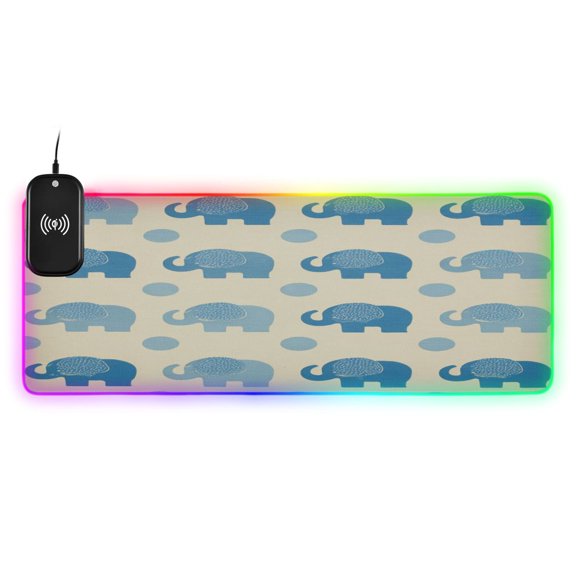 Large RGB Wireless Charging Mouse Pad Blue Polka Dot Elephants14 LED Modes Non-Slip Gaming Mat for Desktop Laptop Office Home
