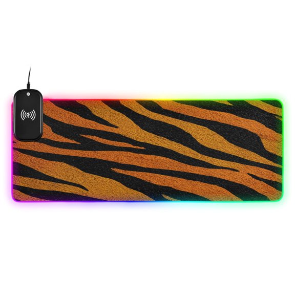 Large RGB Wireless Charging Mouse Pad Bright Amber Tiger Stripes14 LED Modes Non-Slip Gaming Mat for Desktop Laptop Office Home