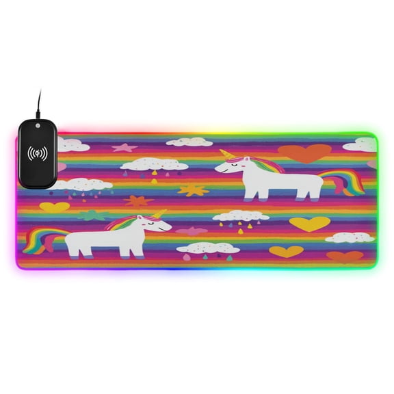 Large RGB Wireless Charging Mouse Pad Bright Rainbow Unicorn Seamless14 LED Modes Non-Slip Gaming Mat for Desktop Laptop Office Home