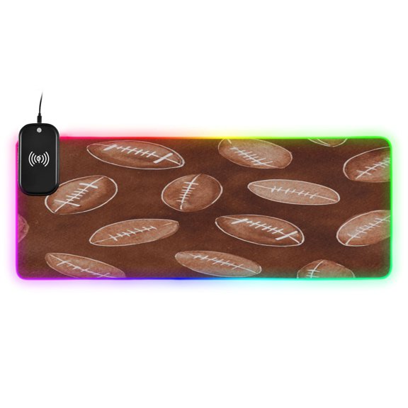 Large RGB Wireless Charging Mouse Pad Brown Rugby Balls Pattern14 LED Modes Non-Slip Gaming Mat for Desktop Laptop Office Home