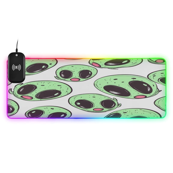 Large RGB Wireless Charging Mouse Pad Cartoon Green Aliens14 LED Modes Non-Slip Gaming Mat for Desktop Laptop Office Home