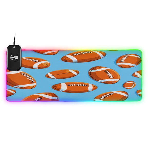 Large RGB Wireless Charging Mouse Pad Cartoon Rugby Balls Pattern14 LED Modes Non-Slip Gaming Mat for Desktop Laptop Office Home