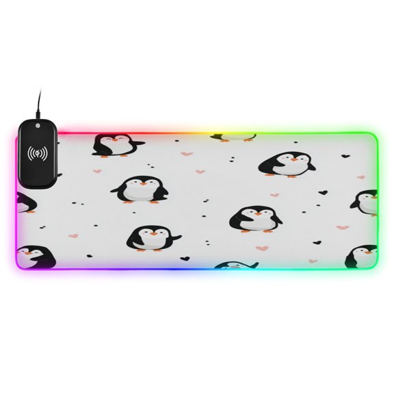 Large RGB Wireless Charging Mouse Pad Charming Penguin Doodle Pattern14 LED Modes Non-Slip Gaming Mat for Desktop Laptop Office Home