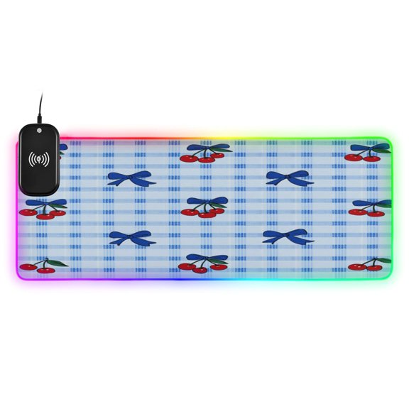 Large RGB Wireless Charging Mouse Pad Cherry and Blue Bows14 LED Modes Non-Slip Gaming Mat for Desktop Laptop Office Home