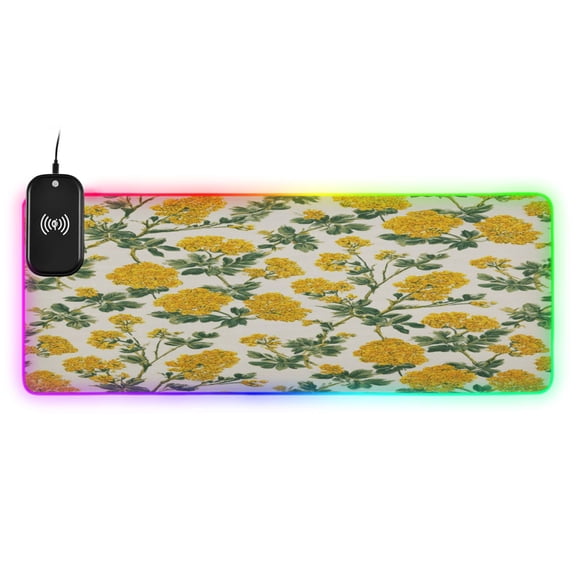 Large RGB Wireless Charging Mouse Pad Classic Yellow Bloom Print14 LED Modes Non-Slip Gaming Mat for Desktop Laptop Office Home