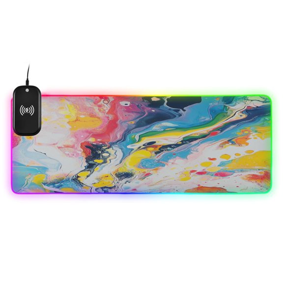 Large RGB Wireless Charging Mouse Pad Colorful Fluid Pattern14 LED Modes Non-Slip Gaming Mat for Desktop Laptop Office Home