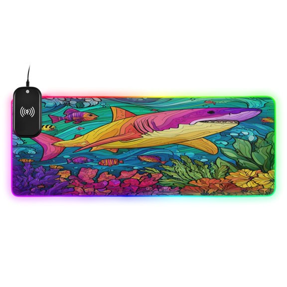 Large RGB Wireless Charging Mouse Pad Colorful Shark Pattern14 LED Modes Non-Slip Gaming Mat for Desktop Laptop Office Home