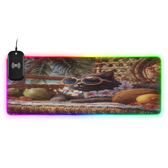 Large RGB Wireless Charging Mouse Pad Cool Black Cat on Vacation14 LED Modes Non-Slip Gaming Mat for Desktop Laptop Office Home