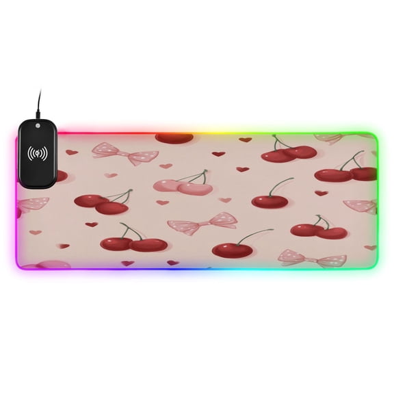 Large RGB Wireless Charging Mouse Pad Coquette Cherry Bow Heart14 LED Modes Non-Slip Gaming Mat for Desktop Laptop Office Home