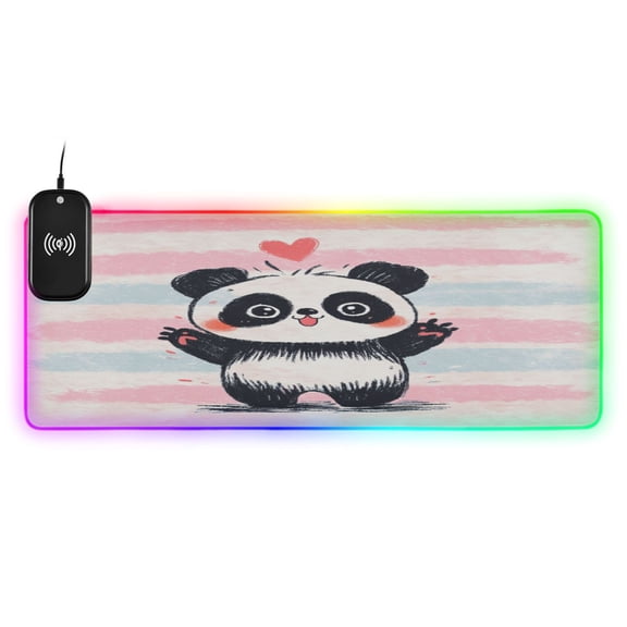 Large RGB Wireless Charging Mouse Pad Crayon Panda Illustration14 LED Modes Non-Slip Gaming Mat for Desktop Laptop Office Home