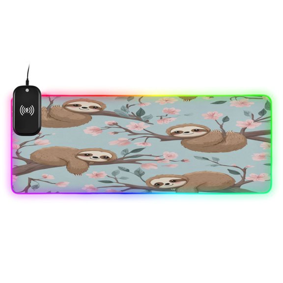 Large RGB Wireless Charging Mouse Pad Cute Cartoon Sloth14 LED Modes Non-Slip Gaming Mat for Desktop Laptop Office Home