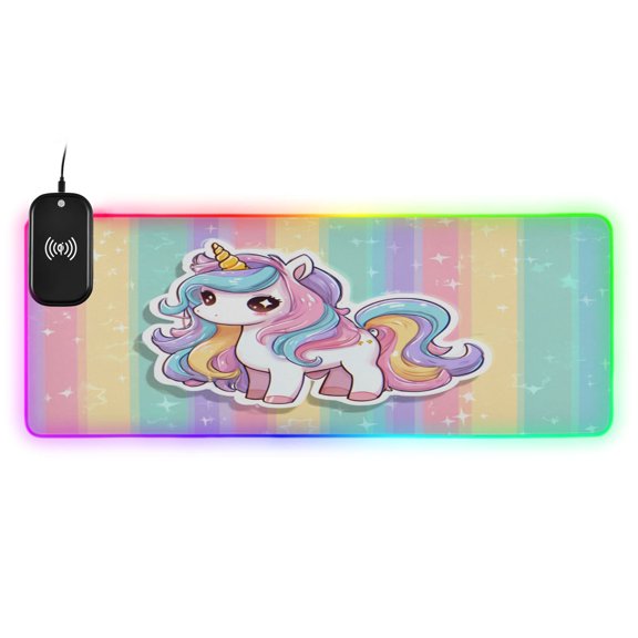 Large RGB Wireless Charging Mouse Pad Cute Cartoon Unicorn14 LED Modes Non-Slip Gaming Mat for Desktop Laptop Office Home