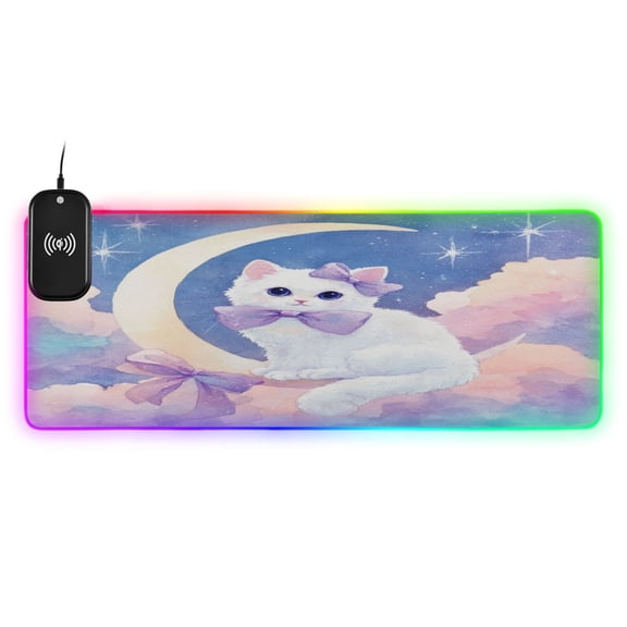 Large RGB Wireless Charging Mouse Pad Cute Cat with Purple Bows14 LED Modes Non-Slip Gaming Mat for Desktop Laptop Office Home