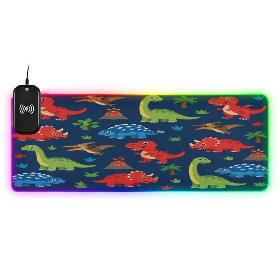 Large RGB Wireless Charging Mouse Pad Cute Dinosaur Volcano Pattern14 LED Modes Non-Slip Gaming Mat for Desktop Laptop Office Home