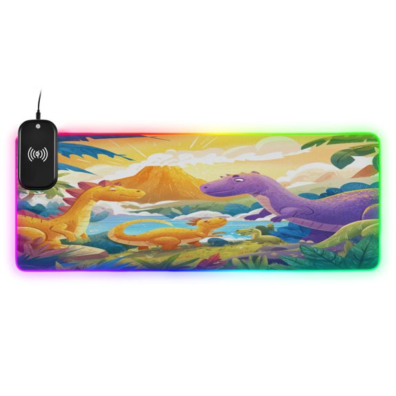 Large RGB Wireless Charging Mouse Pad Cute Dinosaur Volcano Scene14 LED Modes Non-Slip Gaming Mat for Desktop Laptop Office Home