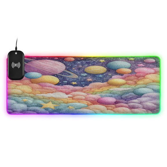 Large RGB Wireless Charging Mouse Pad Cute Fantasy Space Cloudscape14 LED Modes Non-Slip Gaming Mat for Desktop Laptop Office Home