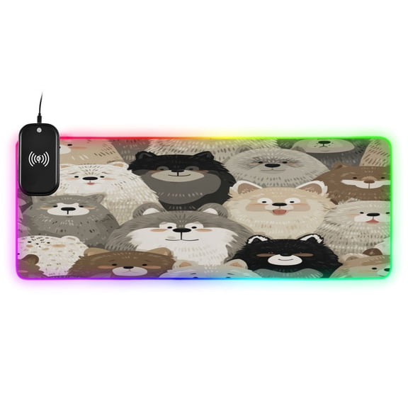 Large RGB Wireless Charging Mouse Pad Cute Fluffy Fur Family14 LED Modes Non-Slip Gaming Mat for Desktop Laptop Office Home