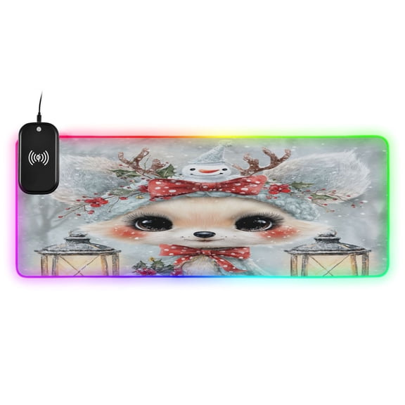 Large RGB Wireless Charging Mouse Pad Cute Kawaii Fox Pattern14 LED Modes Non-Slip Gaming Mat for Desktop Laptop Office Home