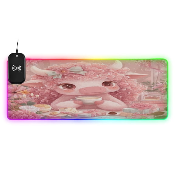 Large RGB Wireless Charging Mouse Pad Cute Little Pink Cow14 LED Modes Non-Slip Gaming Mat for Desktop Laptop Office Home