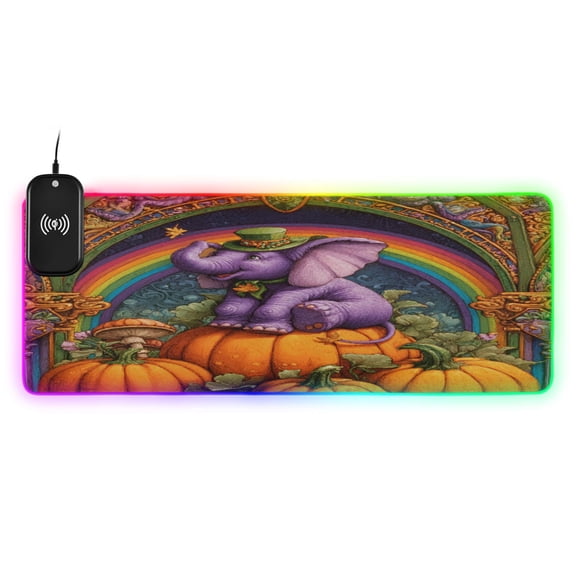 Large RGB Wireless Charging Mouse Pad Cute Purple Elephant14 LED Modes Non-Slip Gaming Mat for Desktop Laptop Office Home