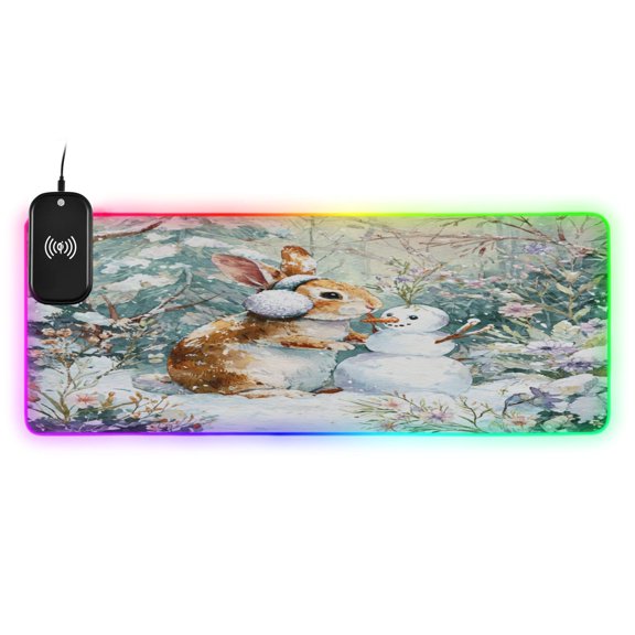 Large RGB Wireless Charging Mouse Pad Cute Rabbit Wearing Earmuffs14 LED Modes Non-Slip Gaming Mat for Desktop Laptop Office Home