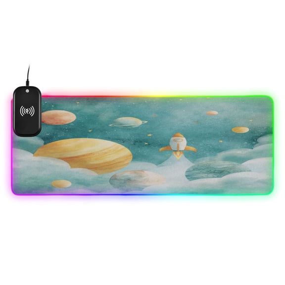 Large RGB Wireless Charging Mouse Pad Cute Rocket Space Planets Print14 LED Modes Non-Slip Gaming Mat for Desktop Laptop Office Home