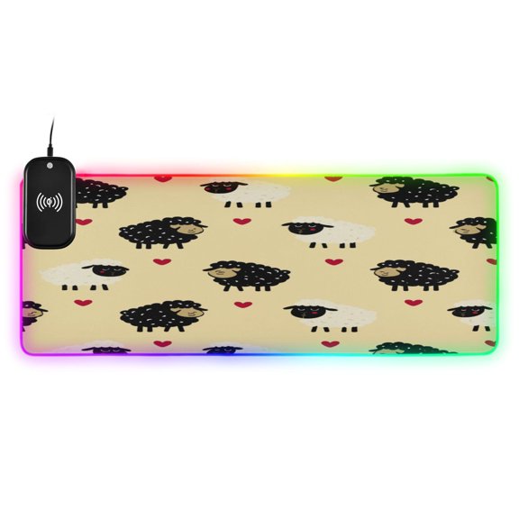 Large RGB Wireless Charging Mouse Pad Cute Sheep Heart Pattern14 LED Modes Non-Slip Gaming Mat for Desktop Laptop Office Home