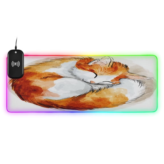 Large RGB Wireless Charging Mouse Pad Cute Sleeping Orange Cat14 LED Modes Non-Slip Gaming Mat for Desktop Laptop Office Home