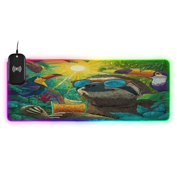 Large RGB Wireless Charging Mouse Pad Cute Sloth and Toucans14 LED Modes Non-Slip Gaming Mat for Desktop Laptop Office Home