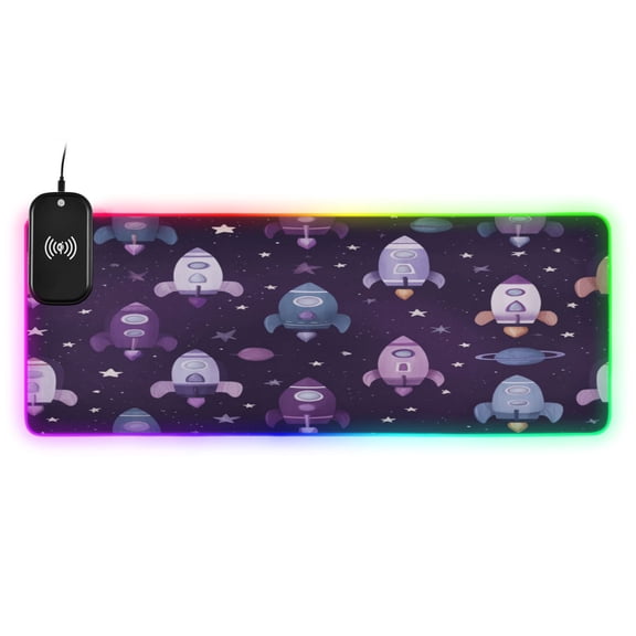 Large RGB Wireless Charging Mouse Pad Cute Space Rocket Pattern14 LED Modes Non-Slip Gaming Mat for Desktop Laptop Office Home