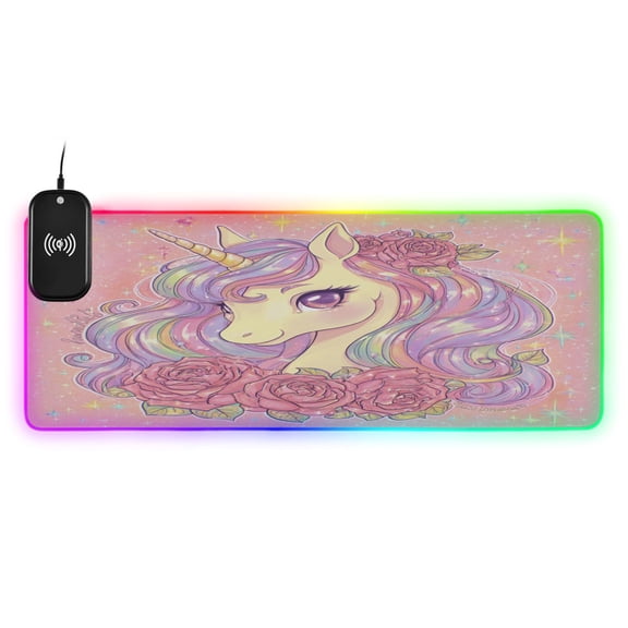 Large RGB Wireless Charging Mouse Pad Cute Unicorn with Elegant Roses14 LED Modes Non-Slip Gaming Mat for Desktop Laptop Office Home